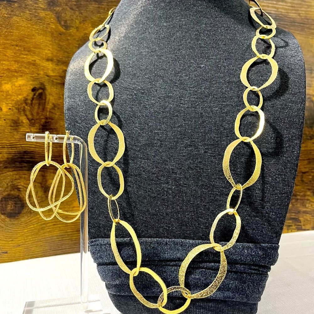 Long Goldtone Link Necklace W/ Earrings